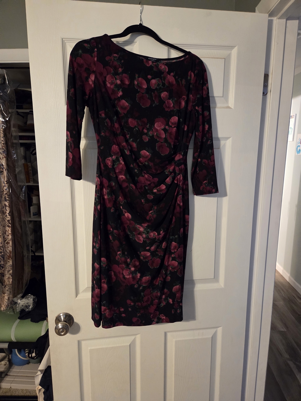Chaps Black Midi Dress with Pink Floral Print